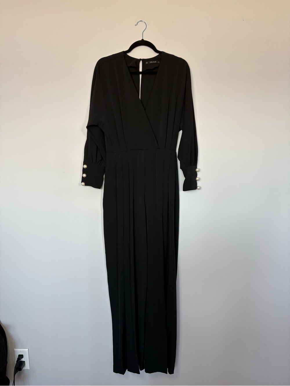 Zara Black Long Sleeve Full Length Jumpsuit Size M Date Night Pearls Wide Leg